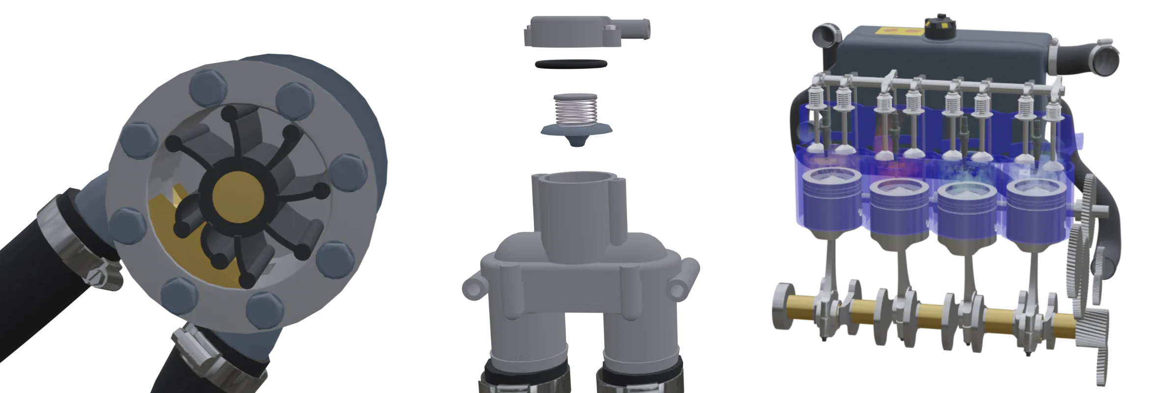 3D-Animation der essentiellen Komponenten eines Kühlkreislaufs am Boot zeigt Impellerpumpe, Belüfter und inneren Kühlkreislauf