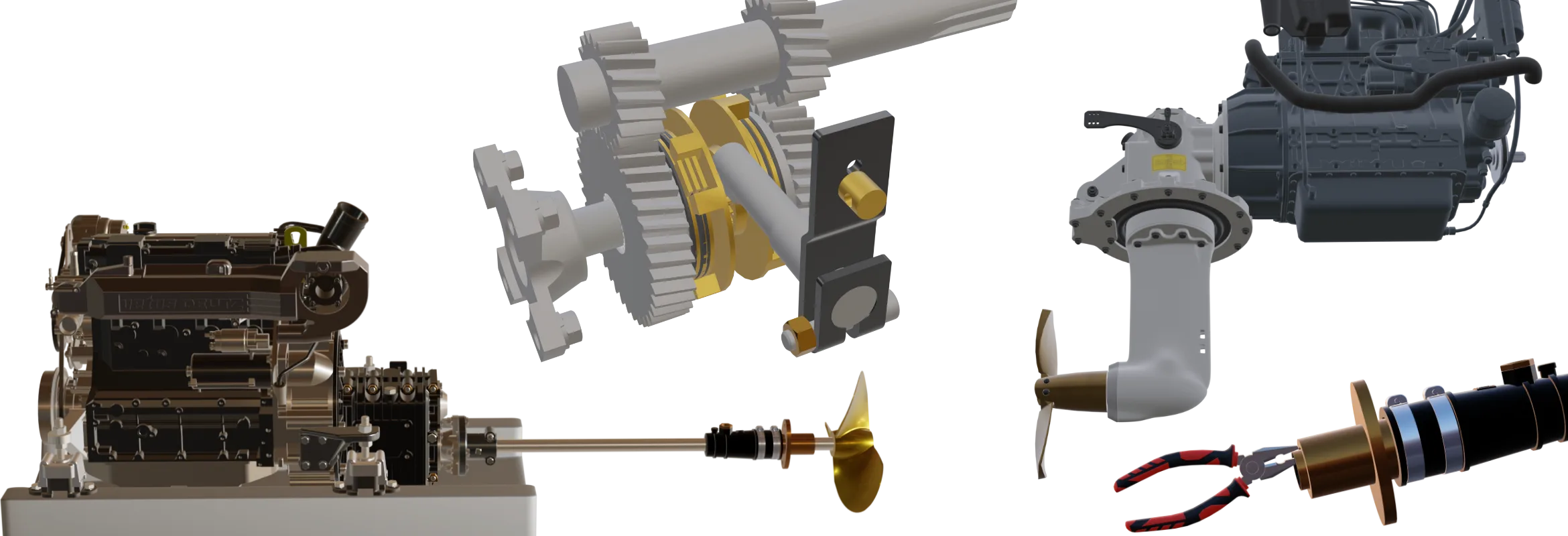 Darstellung der im Kurs behandelten Antriebskomponenten inklusive Wellenantrieb, Wendegetriebe, Saildrive, Wellendichtung und mehr
